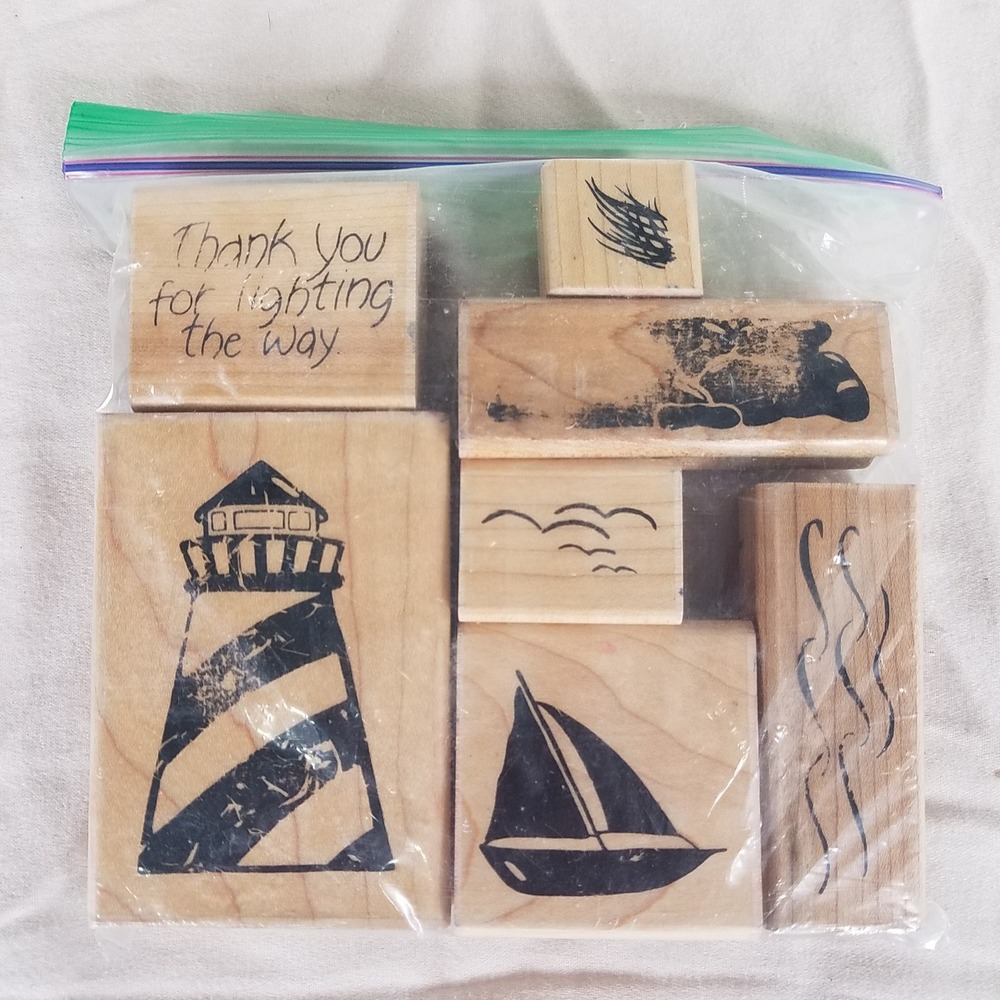 Rubber Stamp Lot Tan Excellent Nautical Lighthouse wave sea grass Sailboat 7pc